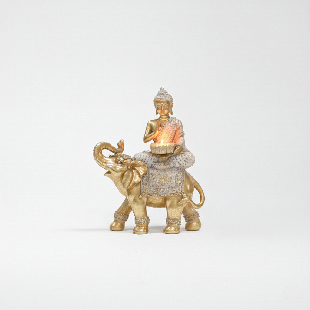 Golden Buddha and Elephant Candle Holder Statue
