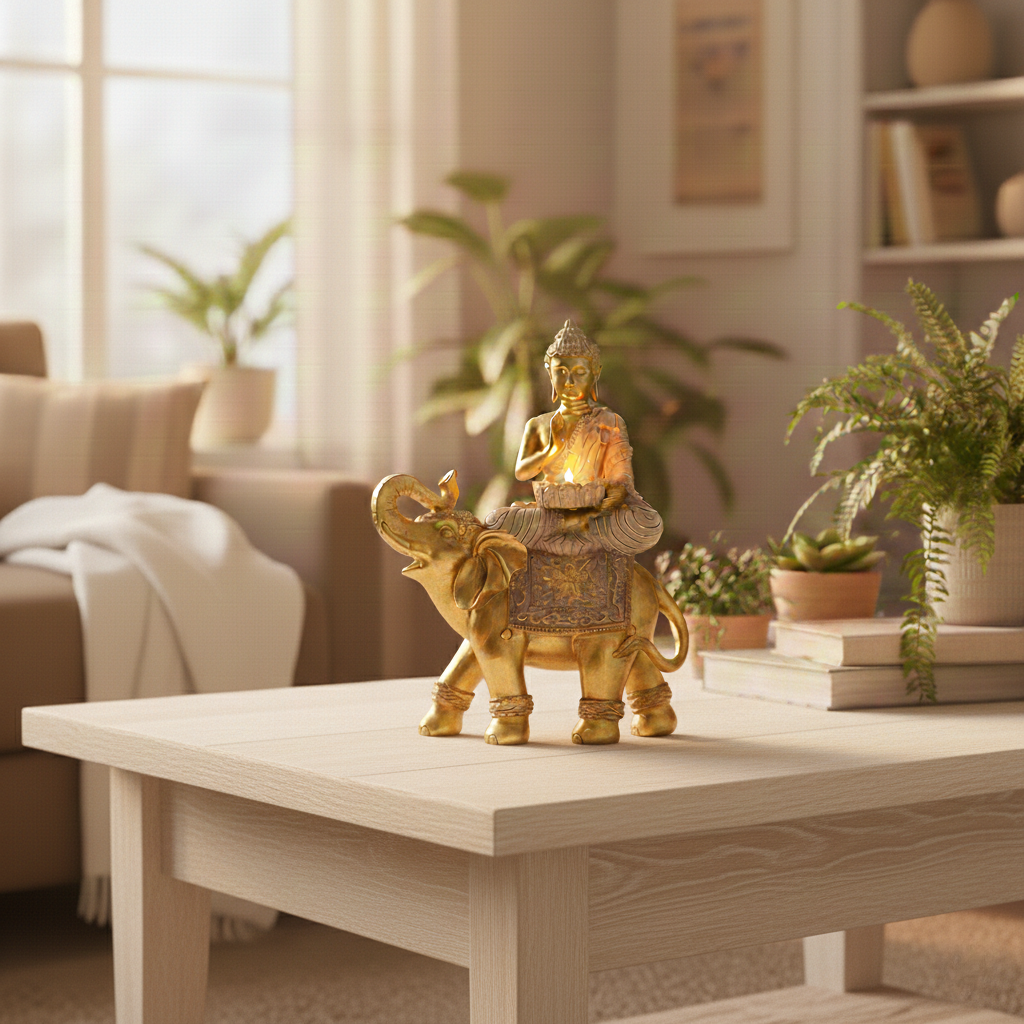 Decorative Buddha sitting on a golden elephant statue, authentic Thai-style home decor, luxurious gold finish by Thailora