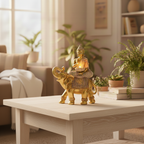Decorative Buddha sitting on a golden elephant statue, authentic Thai-style home decor, luxurious gold finish by Thailora