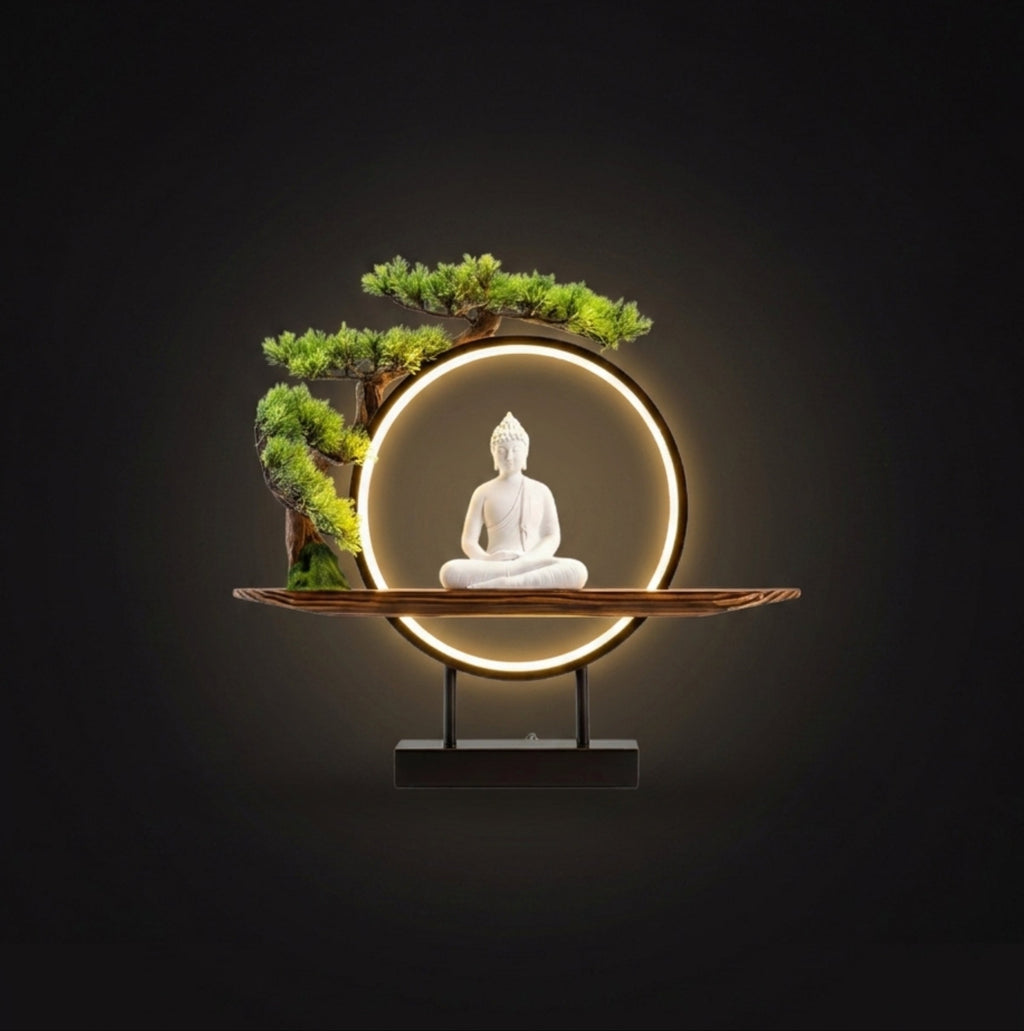Buddha statue with green Tree of Life and circular LED light, peaceful Thai-inspired decor lamp, luxurious home lighting by Thailora 