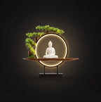 Buddha statue with green Tree of Life and circular LED light, peaceful Thai-inspired decor lamp, luxurious home lighting by Thailora 