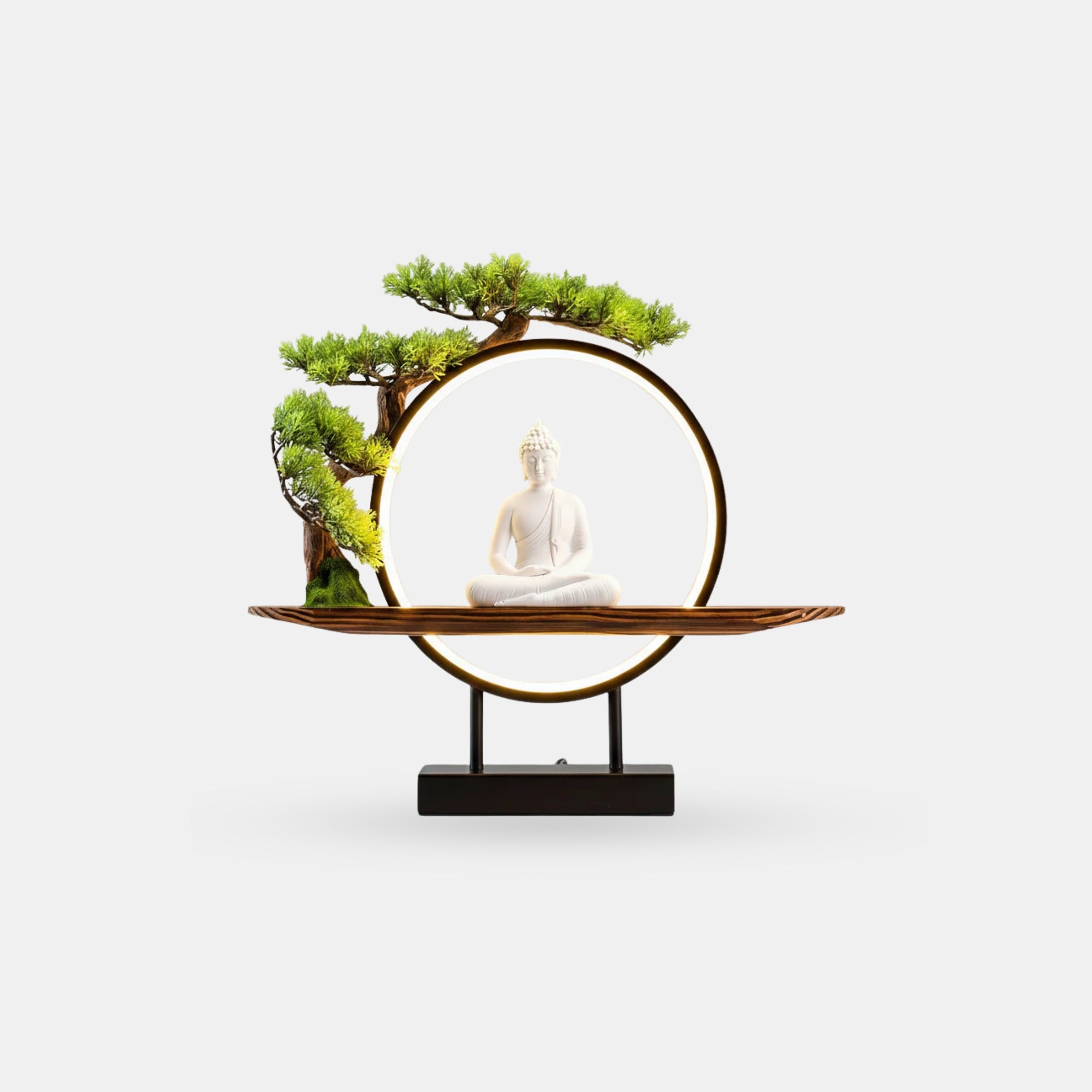 Buddha statue with green Tree of Life and circular LED light, peaceful Thai-inspired decor lamp, luxurious home lighting by Thailora 