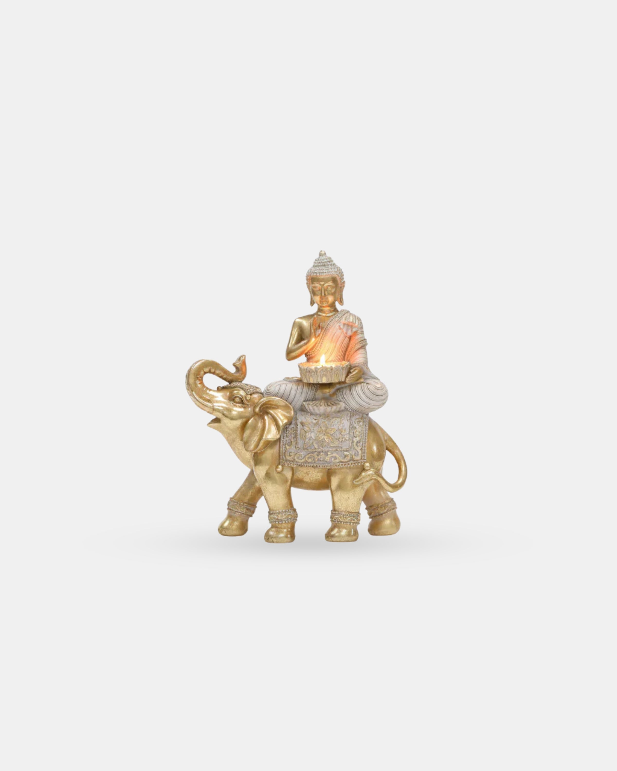 Decorative Buddha sitting on a golden elephant statue, authentic Thai-style home decor, luxurious gold finish by Thailora