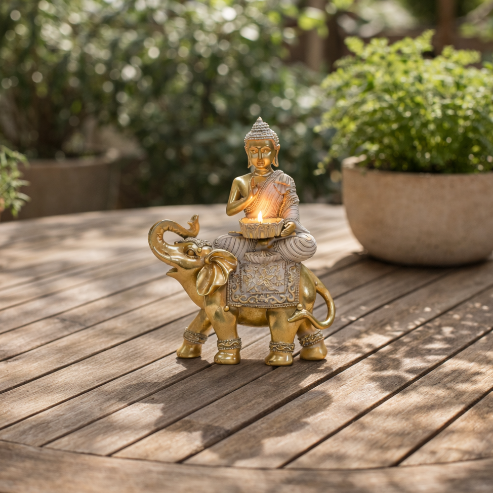 Decorative Buddha sitting on a golden elephant statue, authentic Thai-style home decor, luxurious gold finish by Thailora