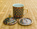 Thai Benjarong Coffee Mug: Hand-Painted Ceramic Cup & Saucer, Thai ceramic cup with lid