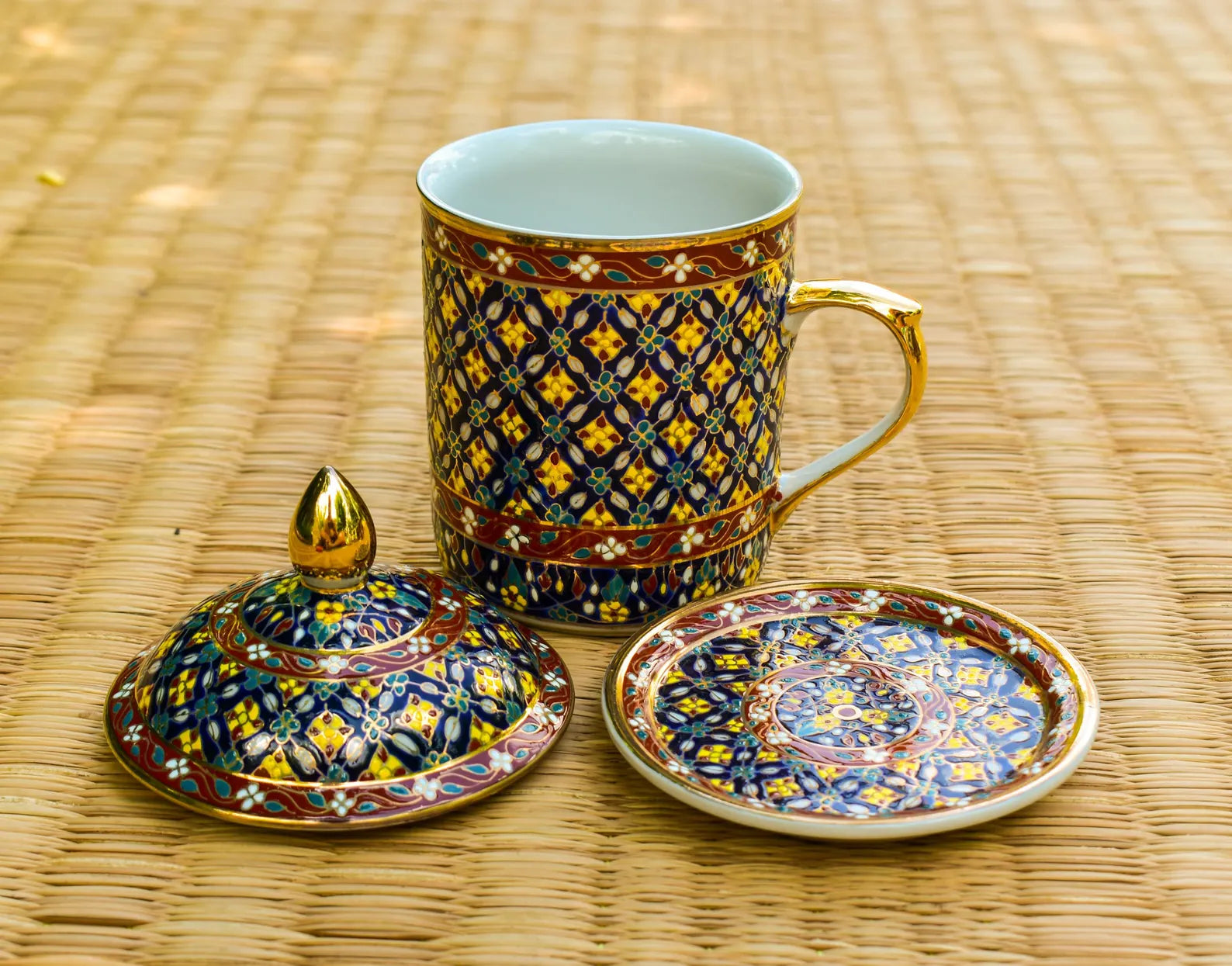 Thai Benjarong Coffee Mug: Hand-Painted Ceramic Cup & Saucer, Thai ceramic cup with lid