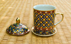 Thai Benjarong Coffee Mug: Hand-Painted Ceramic Cup & Saucer, Thai ceramic cup with lid