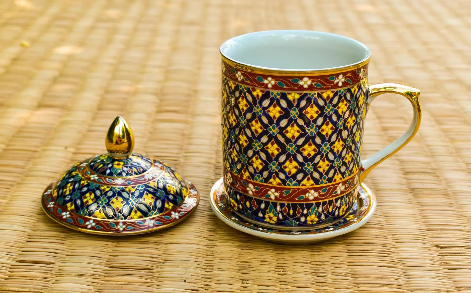 Thai Benjarong Coffee Mug: Hand-Painted Ceramic Cup & Saucer, Thai ceramic cup with lid