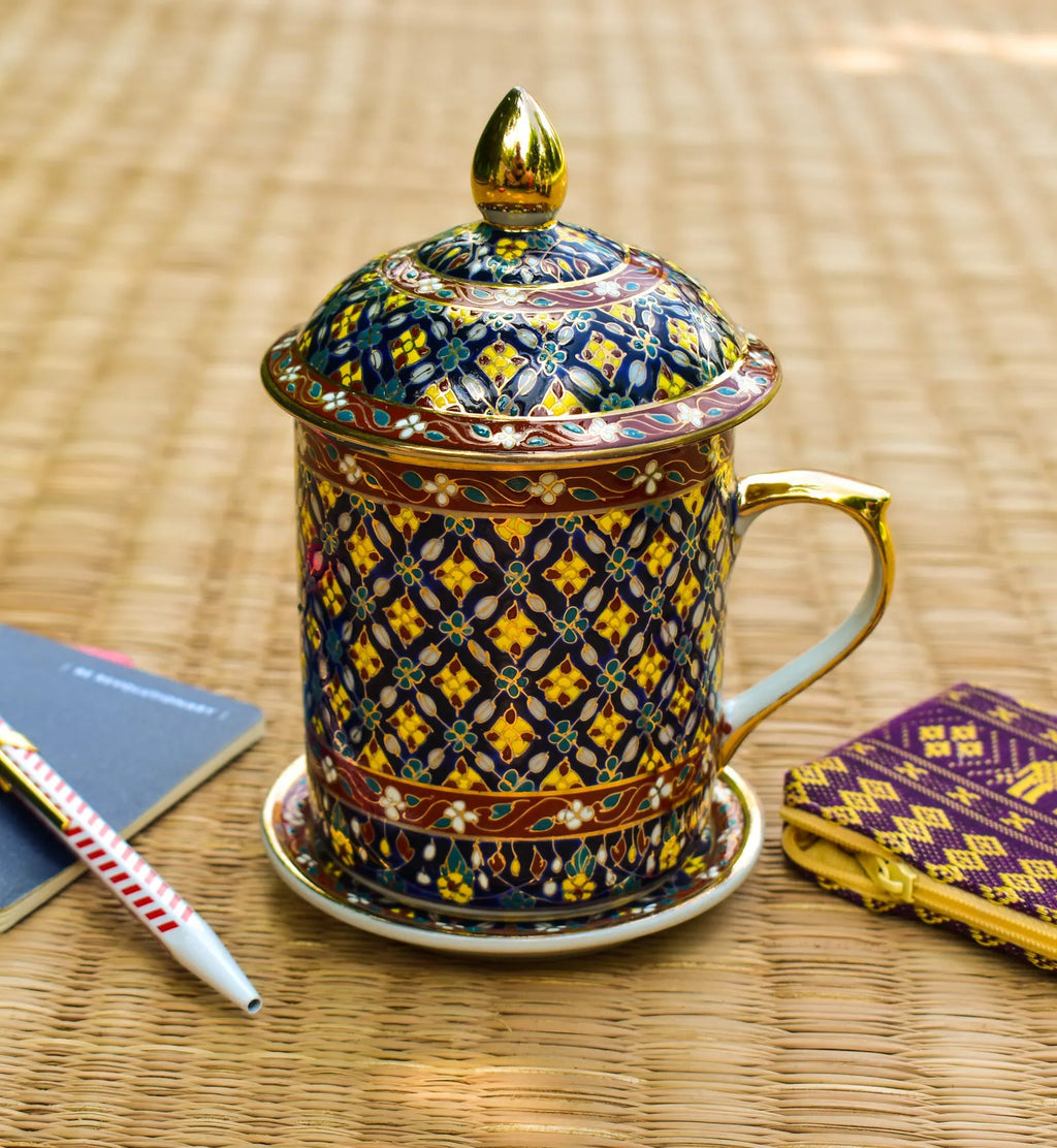 Thai Benjarong Coffee Mug: Hand-Painted Ceramic Cup & Saucer, Thai ceramic cup with lid