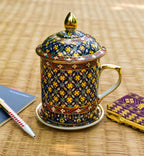 Thai Benjarong Coffee Mug: Hand-Painted Ceramic Cup & Saucer, Thai ceramic cup with lid