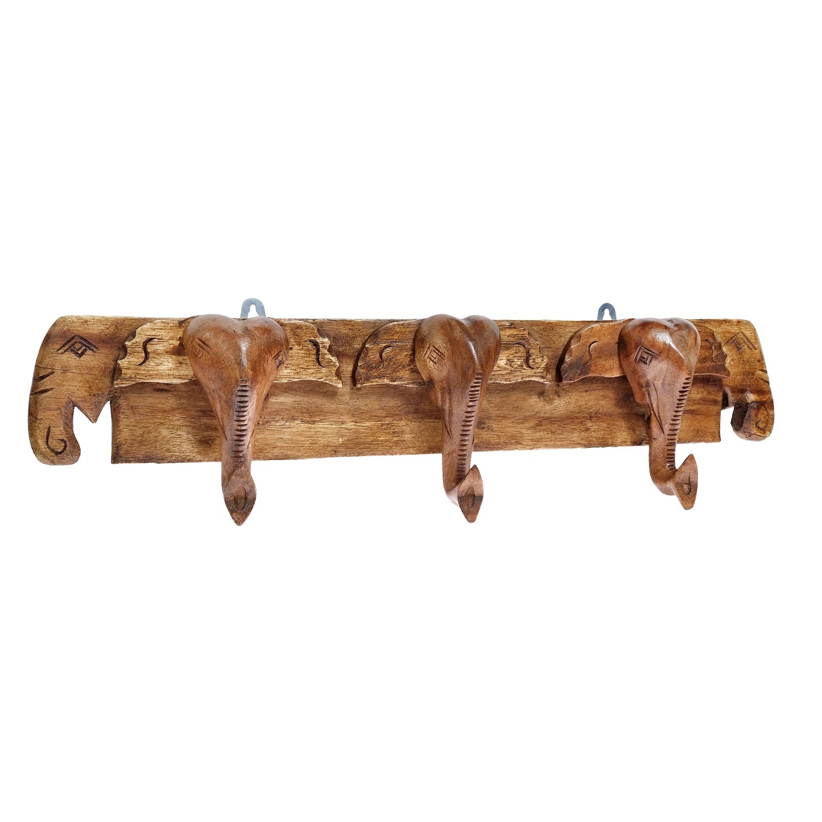 Statuesque Three Elephant Head Hand Carved Wooden Wall Hanger