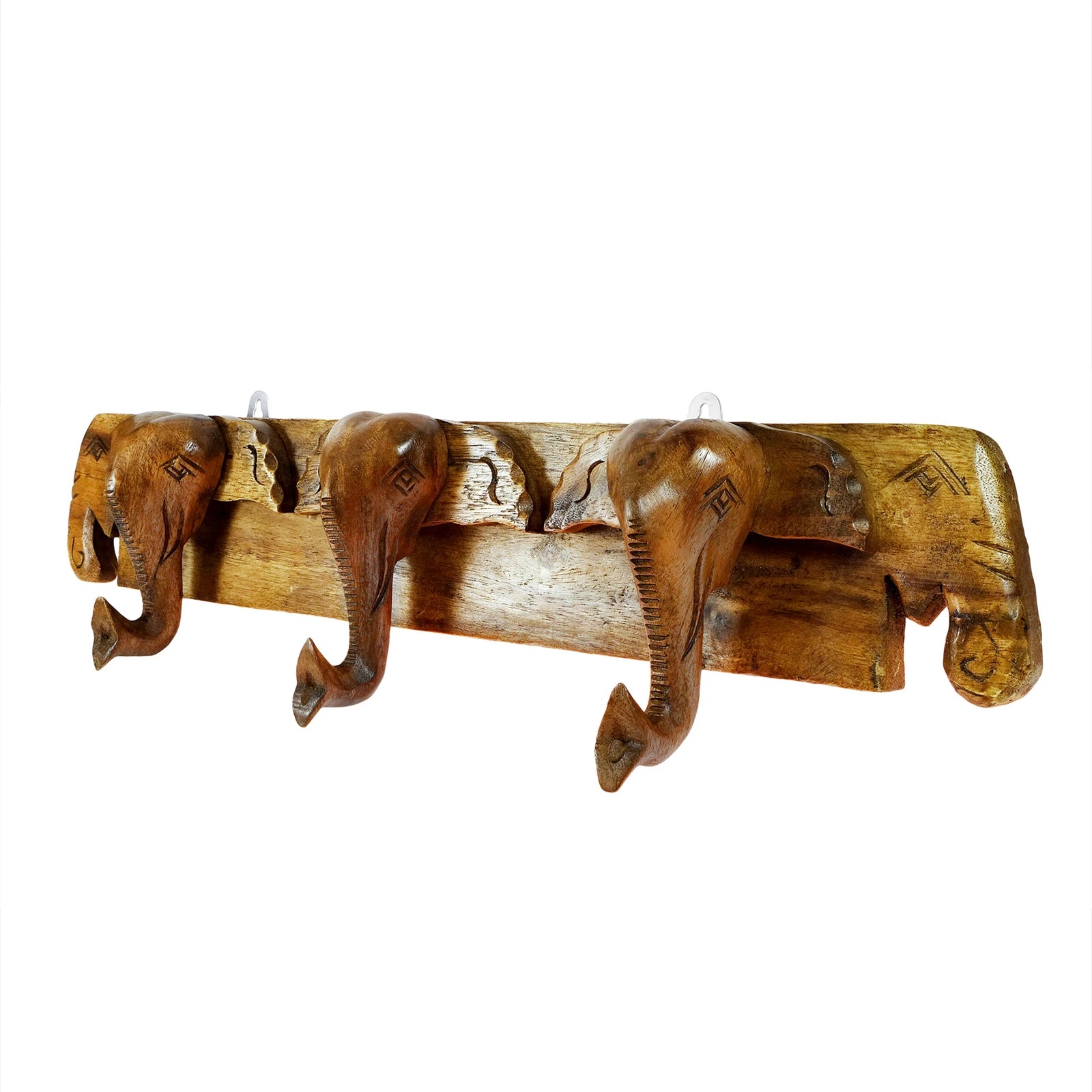 Statuesque Three Elephant Head Hand Carved Wooden Wall Hanger